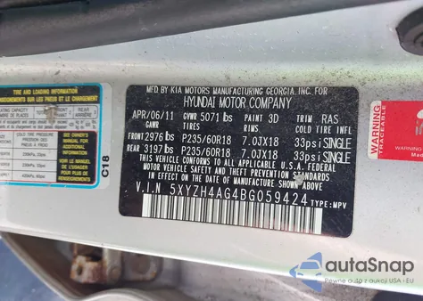 2011 Hyundai Santa Fe Se из США, поврежденный, VIN 5XYZH4AG4BG059424